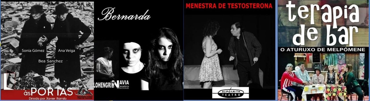 Los carteles de la Asociación Teatral Paso de Valverde, Lohengrí Navia, Hipócrita Teatro y O Aturuxo de Melpómene que pasarán por Vigo