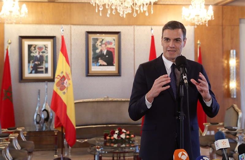 El presidente del Gobierno español, Pedro Sánchez, durante la rueda de prensa ofrecida tras su reunión con el rey Mohamed VI
