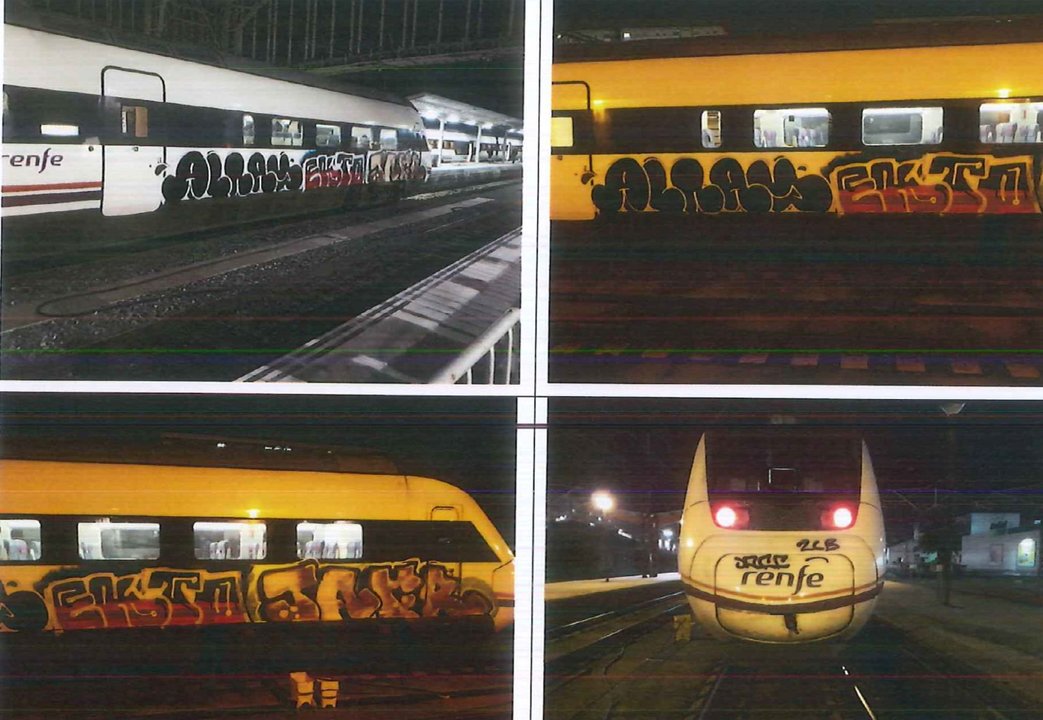 Estado en que dejaron los tres presuntos graffiteros los vagones y la máquina del tren.