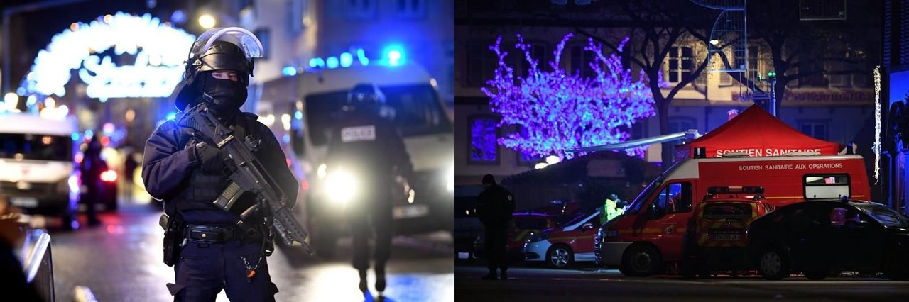 Oficiales de policía hacen guardia en el Mercado de Navidad de Estrasburgo y una base improvisada de servicios de emergencia