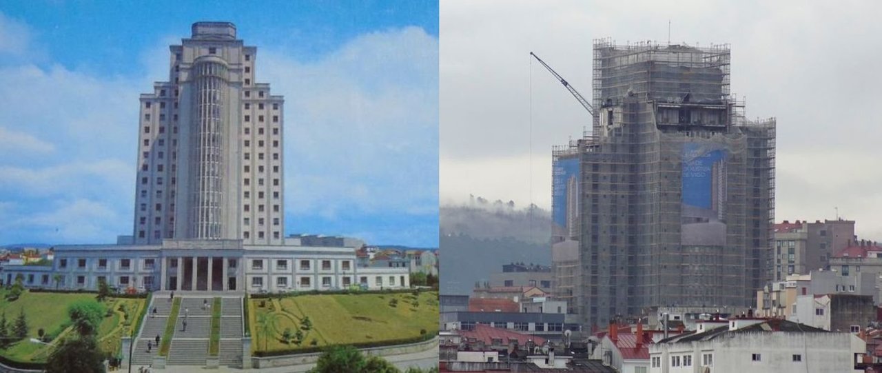 A la izquierda, el hospital cuando se abrió como residencia con su final escalonado. A la derecha, la obra ayer