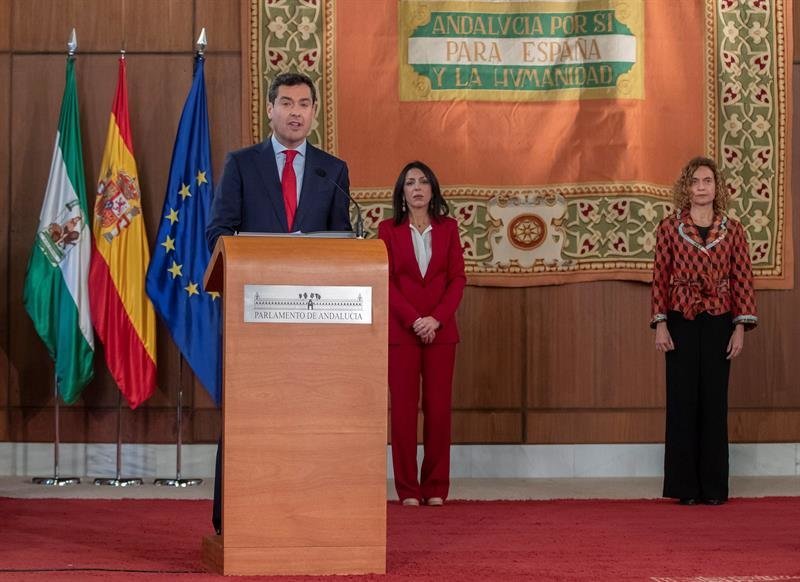 El nuevo presidente de Andalucía, Juanma Moreno, durante su discurso tras tomar posesión de su cargo