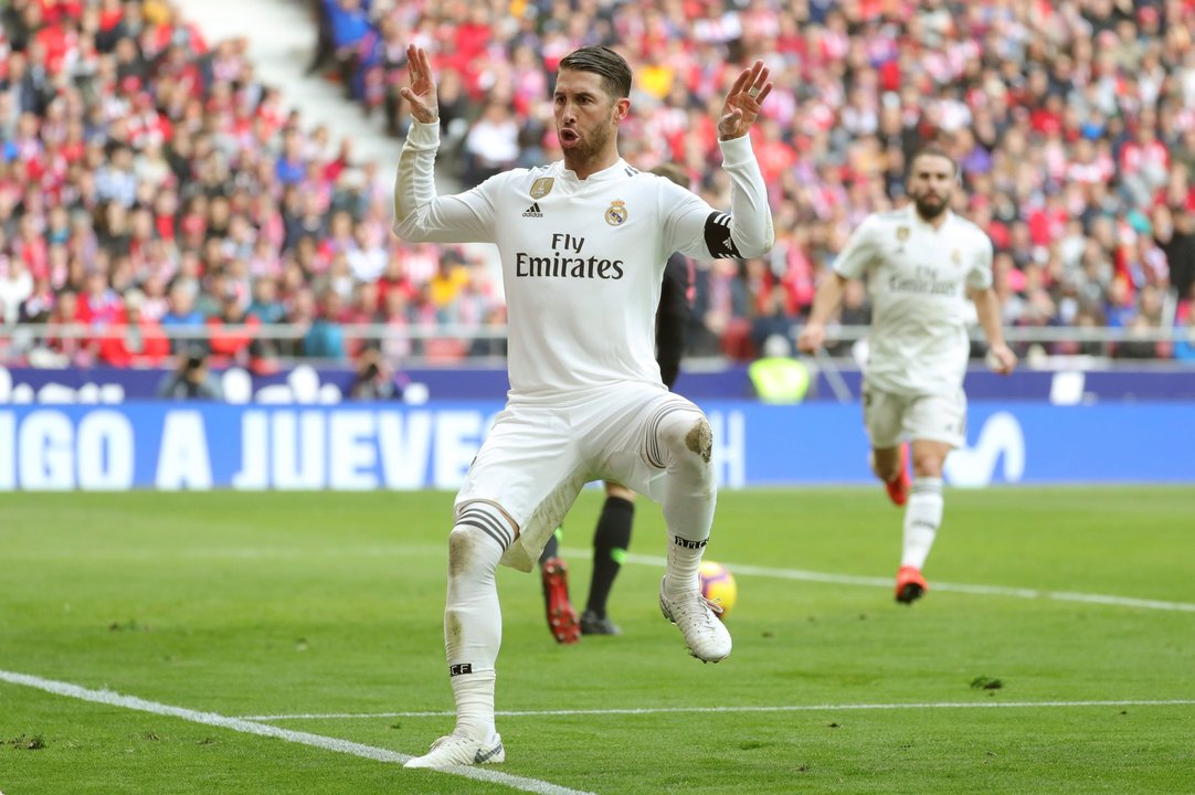 Sergio Ramos celebra su gol en el derbi del pasado sábado.