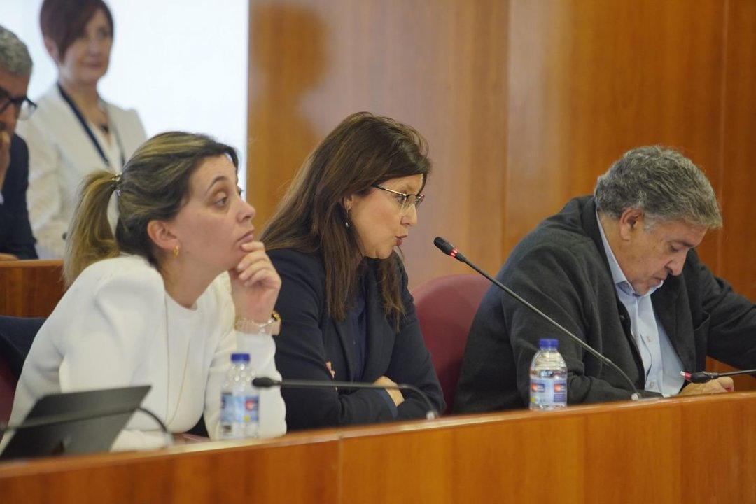 Patricia Rodríguez, María José Caride y Javier Pardo durante el pleno de ayer.
