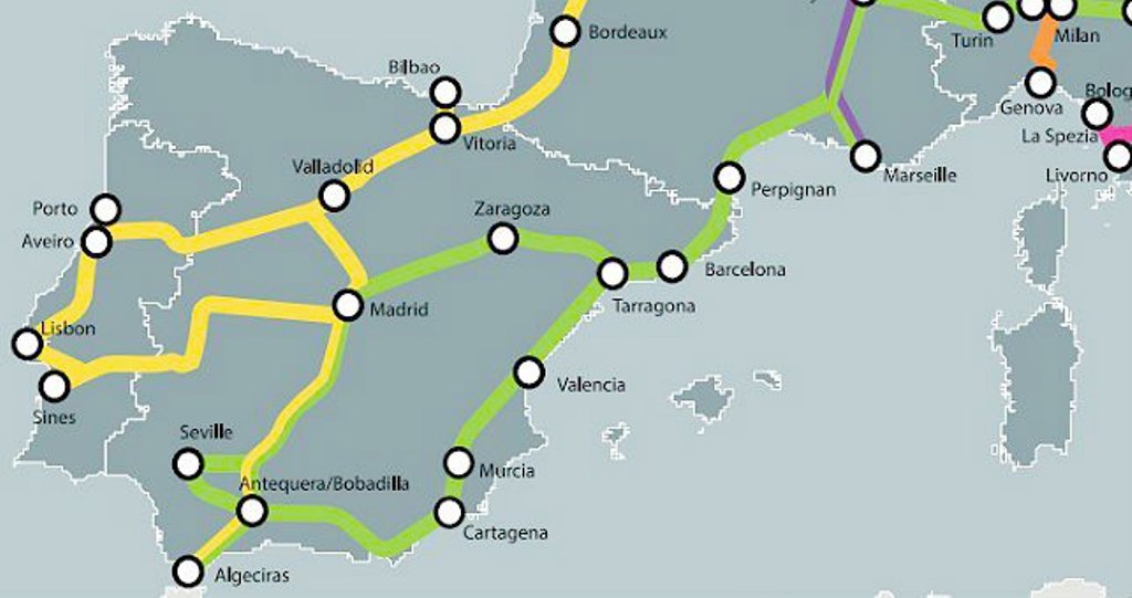 El mapa actual de los corredores ferroviarios de la UE. Vigo no está conectado a Valladolid.