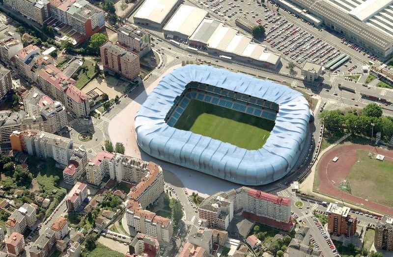 Infografía de la vista aérea del aspecto del estadio de Balaídos tras la reforma y la humanización.