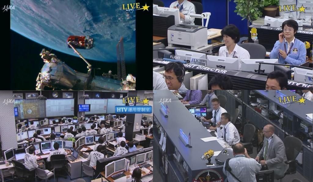 Arriba la sonda Kounotori 5, donde viajó el satélite vigués, en el proceso de acoplamiento. La nave había salido hace unos días de la base japonesa de Tanegashima, desde donde siguieron al segundo todo el proceso guiado por el astronauta japonés Kimiya Yui.