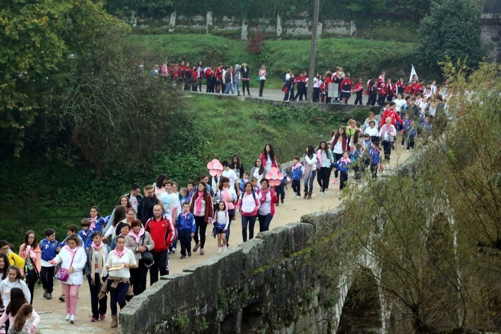 La 'marcha rosa' por el Puente romano de Los Remedios cruzando el río Tea.