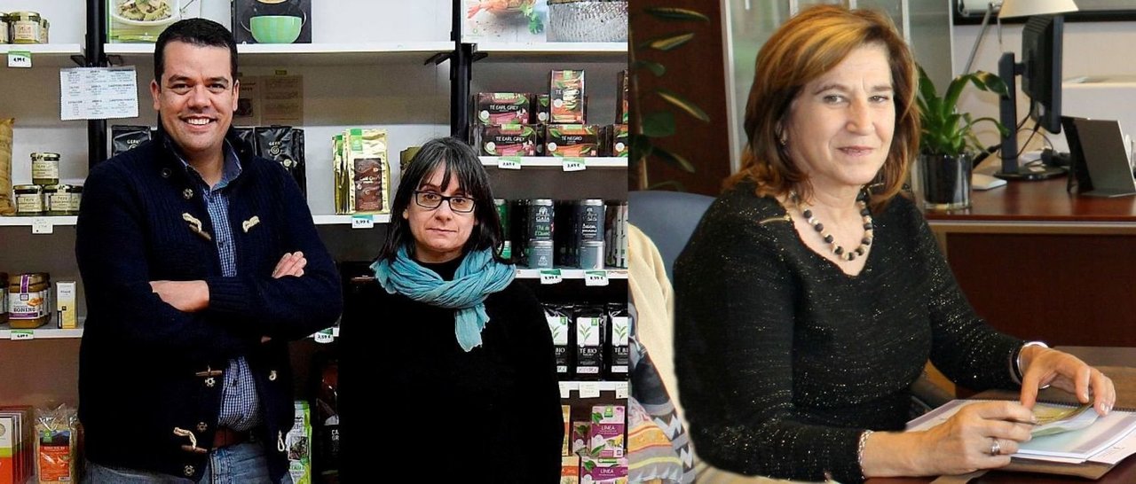 Alberto Gómez y Maica Beltrán, en la tienda de la rúa Triunfo y Rosa Fontaíña lucha contra los malos tratos desde 1998.