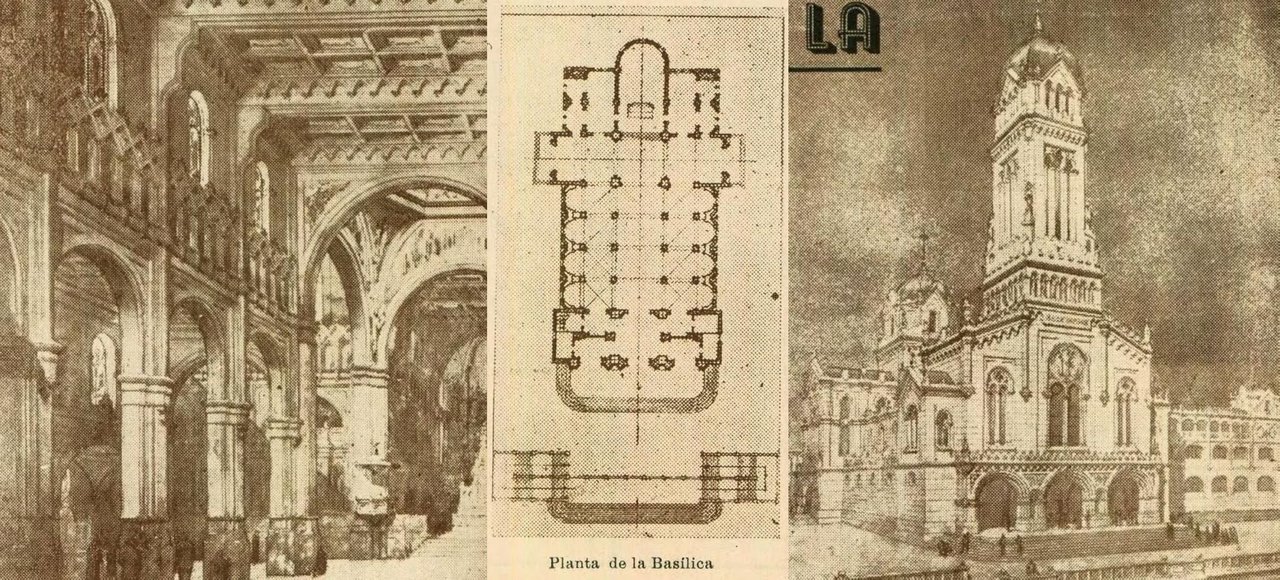Diseños del arquitecto vigués Manuel Gómez Román del año 1948 de la basílica. Imágenes rescatadas del Archivo General del Puerto de Vigo, anuario de Vigo (1950-51) por Jorge Barrecheguren.