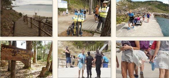 Acceso a la playa de Figueiras; ayudas técnicas para los visitantes; acceso al camping por la Lagoa dos Nenos; el campo de trabajo; vigilancia policial, y turistas portando sus bolsas de residuos
