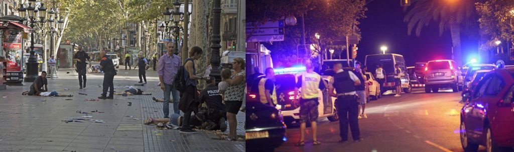 Varias víctimas en el suelo en el lugar del atropello masivo y Miembros de las fuerzas seguridad, esta madrugada en la zona del atentado en Cambrils (Tarragona)