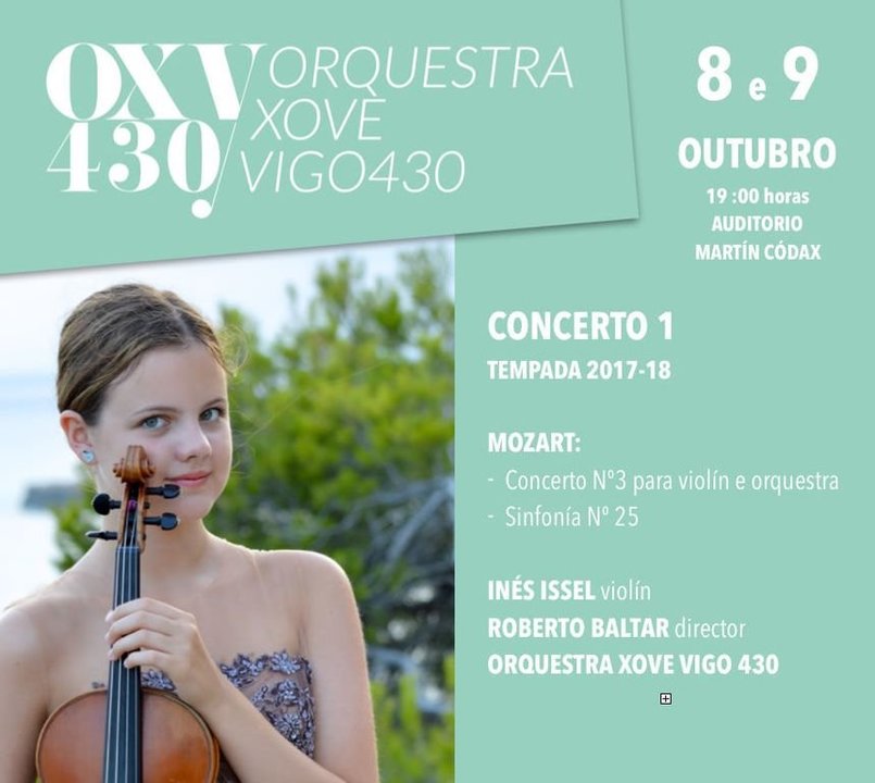 Cartel anunciador del concierto de la OXV430, con la jovencísima violinistra Inés Issel.