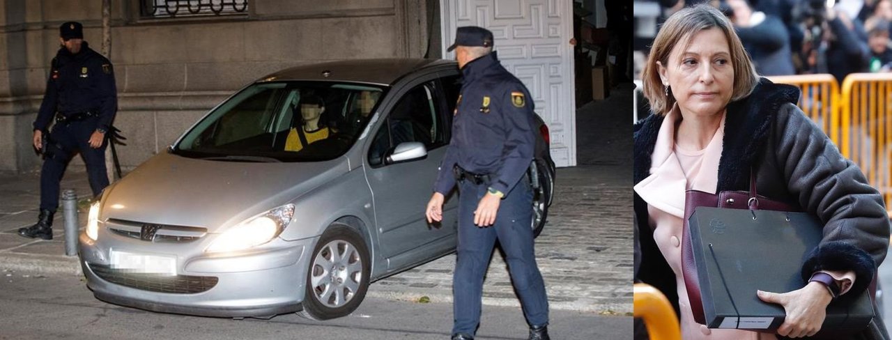 El coche que transporta a la presidenta del Parlament de Cataluña, Carme Forcadell, sale del Tribunal Supremo en dirección a la cárcel madrileña de Alcalá-Meco, a la derecha su llegada al Supremo