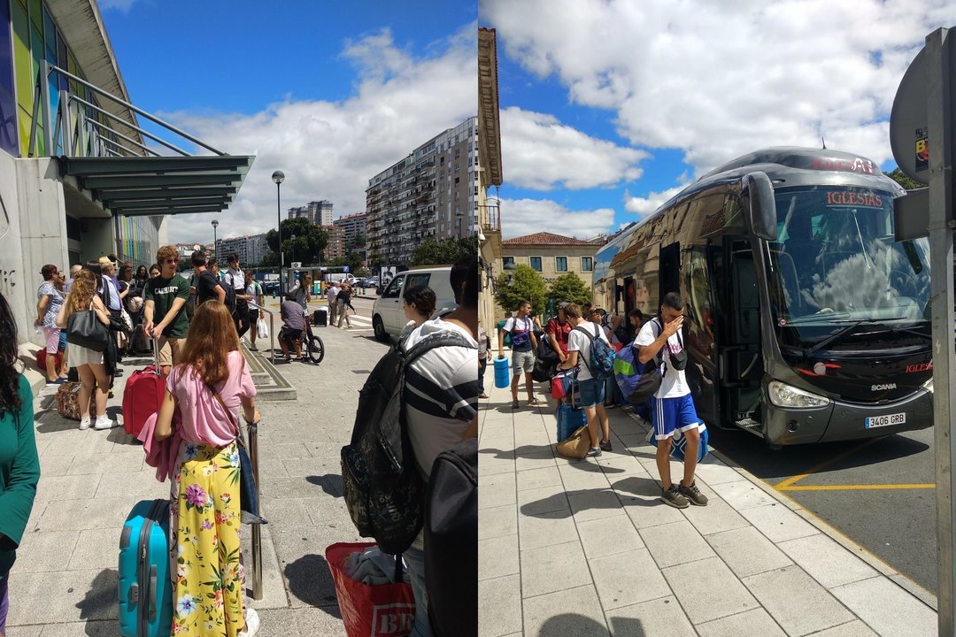 A la izquierda los pasajeros en Guixar esperando el autobús. A la derecha a su llegada a la estación de Ourense