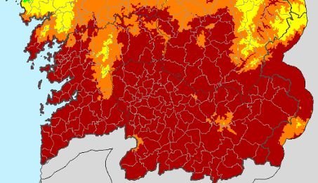 El mapa de riesgo de incendios forestales diarios, ayer. En rojo, Vigo.