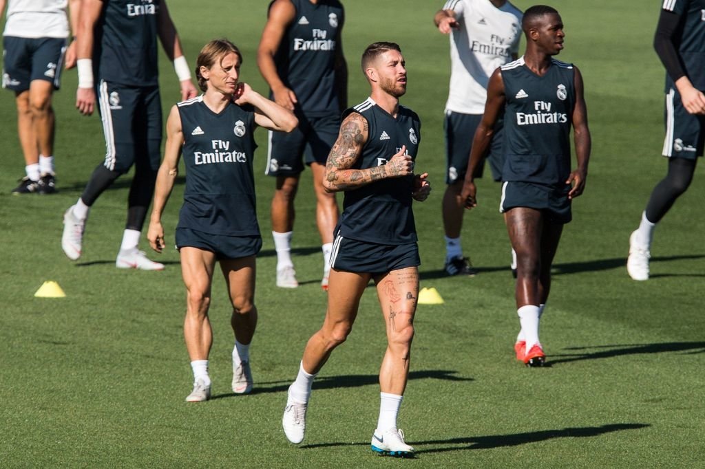Modric y Sergio Ramos, ayer, en el entrenamiento del Real Madrid.