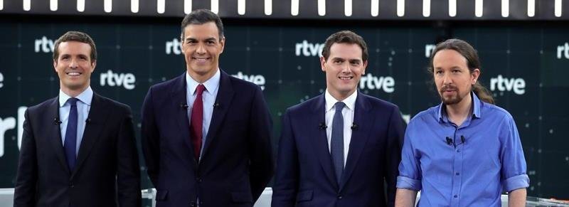 Pablo Casado (PP), Pedro Sánchez (PSOE), Albert Rivera (Cs) y Pablo Iglesias (Unidas Podemos)