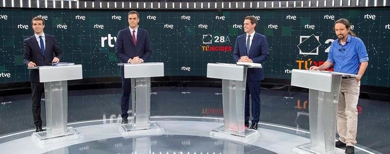 Pablo Casado (PP), Pedro Sánchez (PSOE), Albert Rivera (Cs) y Pablo Iglesias (Unidas Podemos)