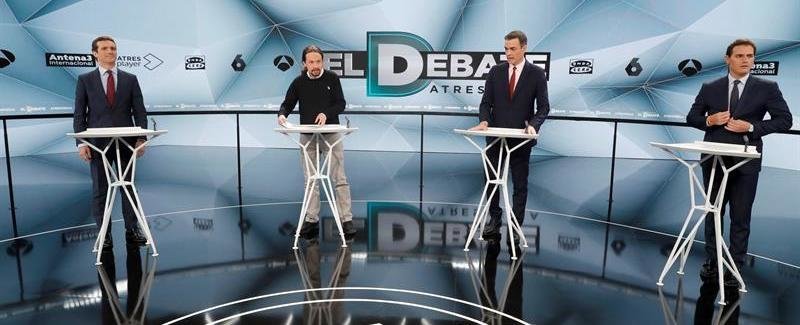 Los candidatos a presidir el Gobierno de España tras las elecciones generales, Pablo Casado (PP) (i); Pablo Iglesias (Unidas Podemos) (2i); Pedro Sánchez (PSOE) (2d) y Albert Rivera (Cs) (d)