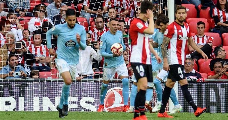 Iago Aspas (c) celebra un gol ante el Athletic, durante el partido Athletic-Celta