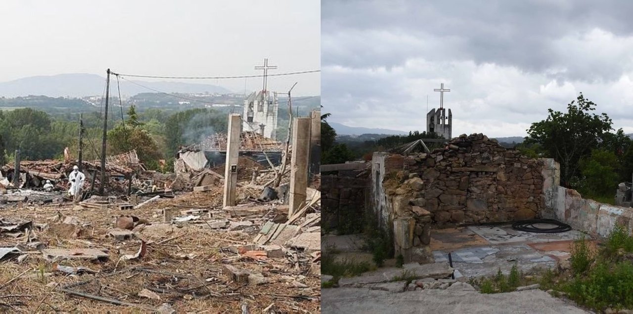 A la izquierda, la imagen del barrio de A Torre, en Paramos, veinticuatro horas después de la explosión que costó la vida de dos personas. A la derecha, estado actual de la zona esta semana
