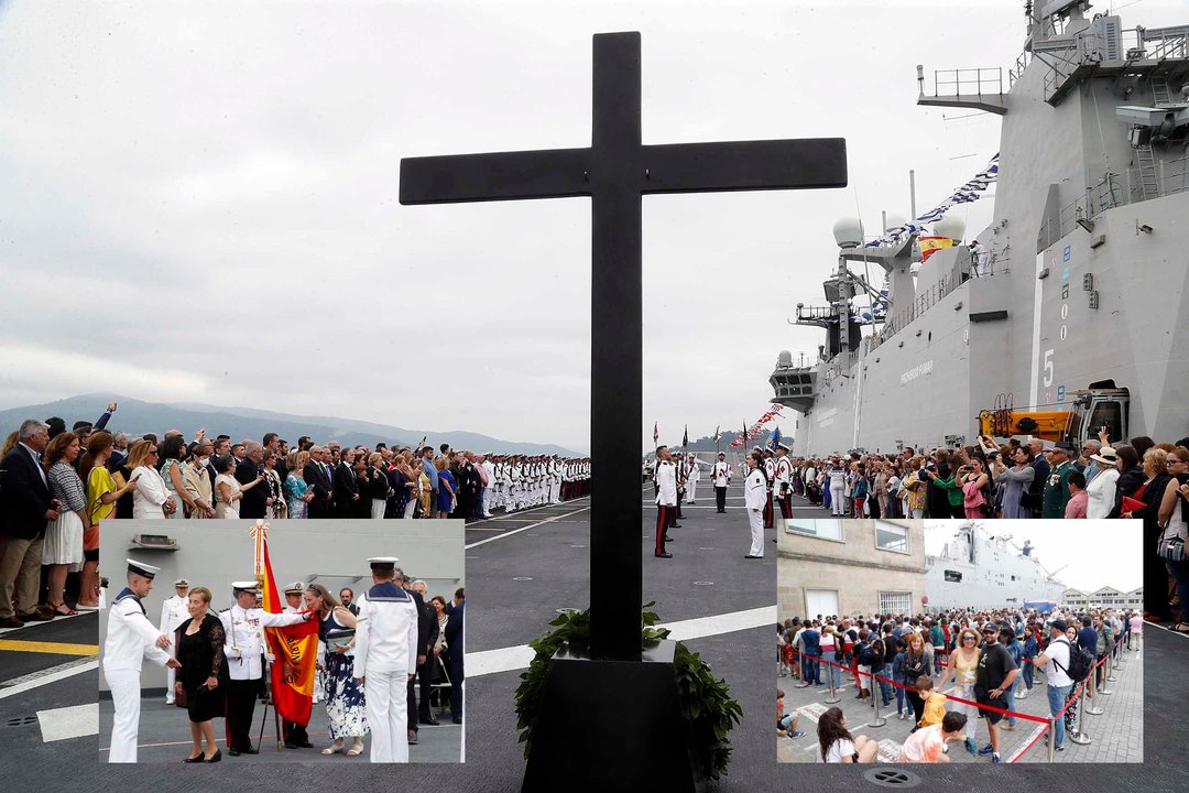Ceremonia de la jura de bandera en la cubierta del  &#34;Juan Carlos I&#34; en Vigo. Abajo, detalle  del juramento y las colas de vigueses para visitar el portaviones.
