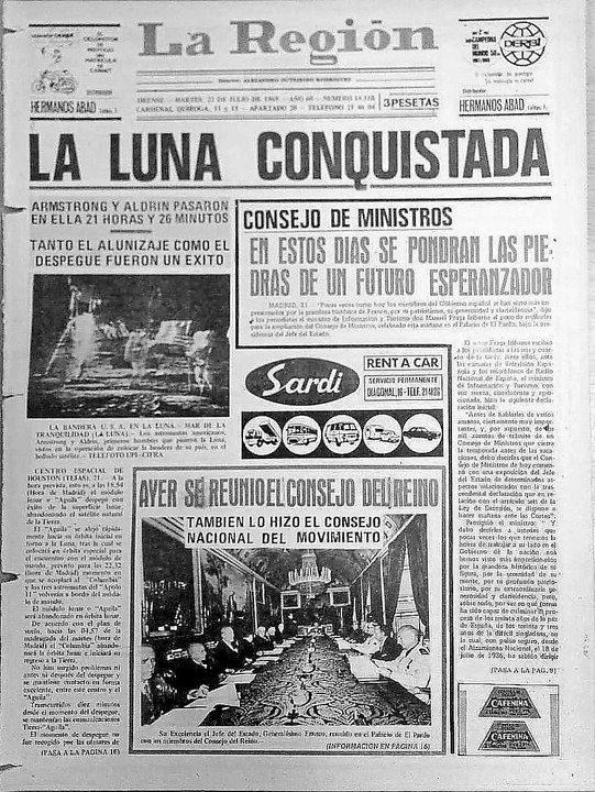 La portada de “La Región”, el 21 de julio de 1969 recogió la llegada del hombre a la luna.