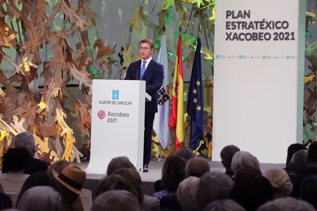 El presidente de la Xunta, Alberto Núñez Feijóo, durante la presentación en Compostela del plan del Xacobeo 2021.