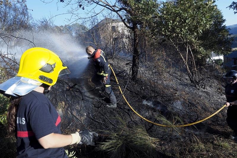 Un grupo de bomberos durante las labores de extinción del incendio forestal en Lugo