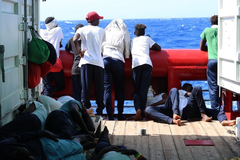 A handout photo dated 14 August 2019 and made available by Doctors Without Borders (MSF) on 19 August 2019, showing migrants on board Ocean Viking rescue vessel as the ship. EFE