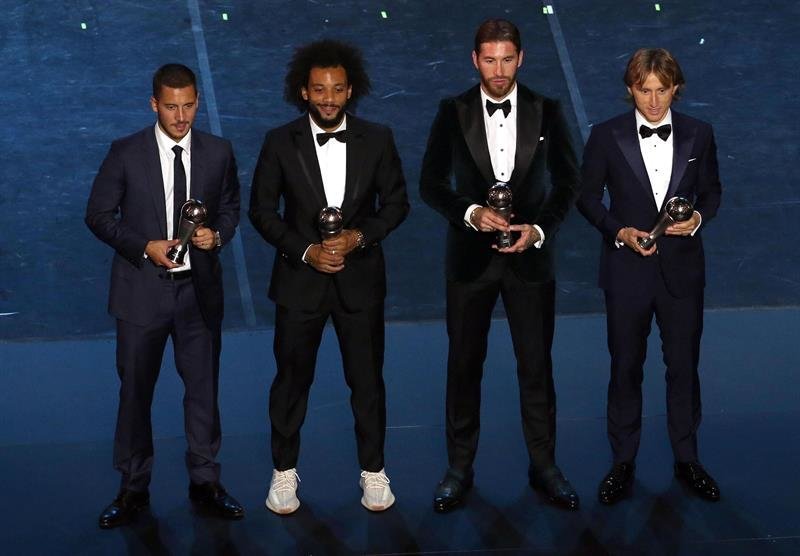 El español Sergio Ramos, el brasileño Marcelo Viera, el belga Eden Hazard y el croata Luka Modric, jugadores del Real Madrid