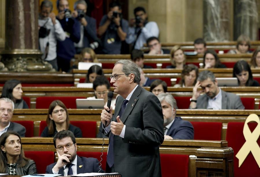 El presidente de la Generalitat, Quim Torra, durante una de sus intervenciones en el pleno de la cámara catalana