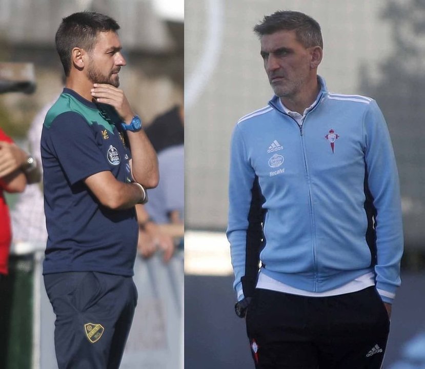 Míchel Alonso, entrenador del Coruxo, y Jacobo Montes, técnico del Celta B, se miden hoy en O Vao