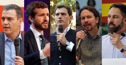 Imagen de los cinco candidatos nacionales al 10N: Pedro Sánchez (PSOE), Pablo Casado (PP), Albert Rivera (Cs), Pablo Iglesias (Unidas Podemos) y Santiago