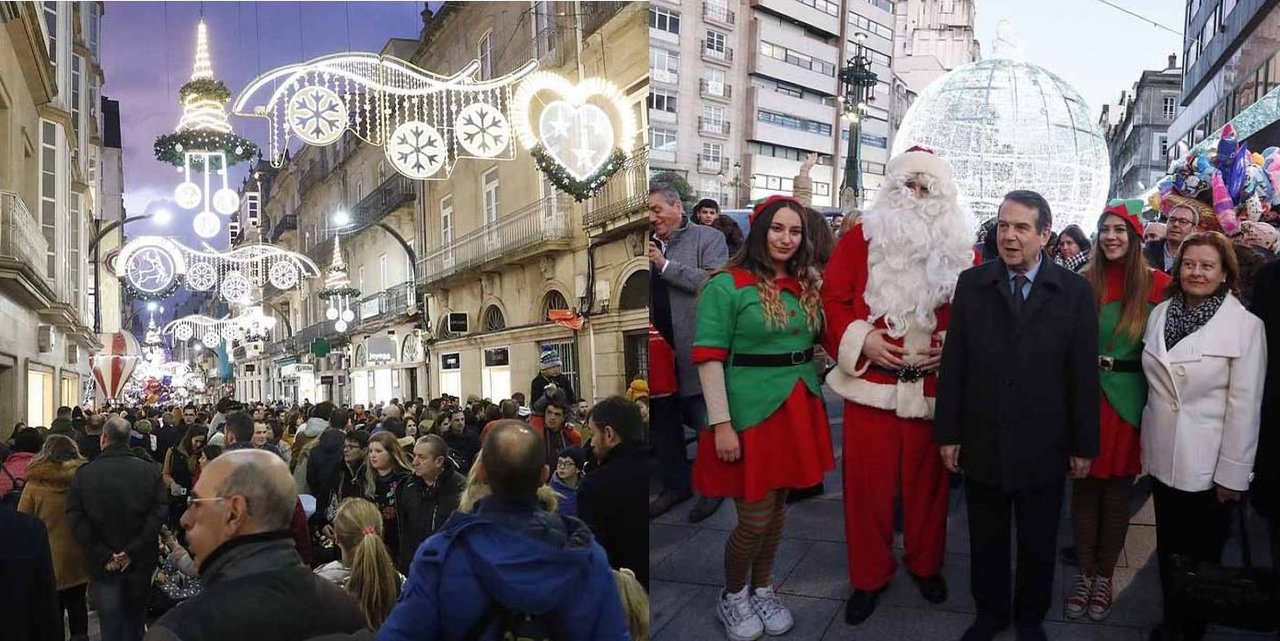 Decenas de miles de personas tomaron ayer las calles del centro de Vigo para disfrutar de las luces de Navidad. A la oferta se sumaron ayer la casa de Papá Noel, recibido por Caballero