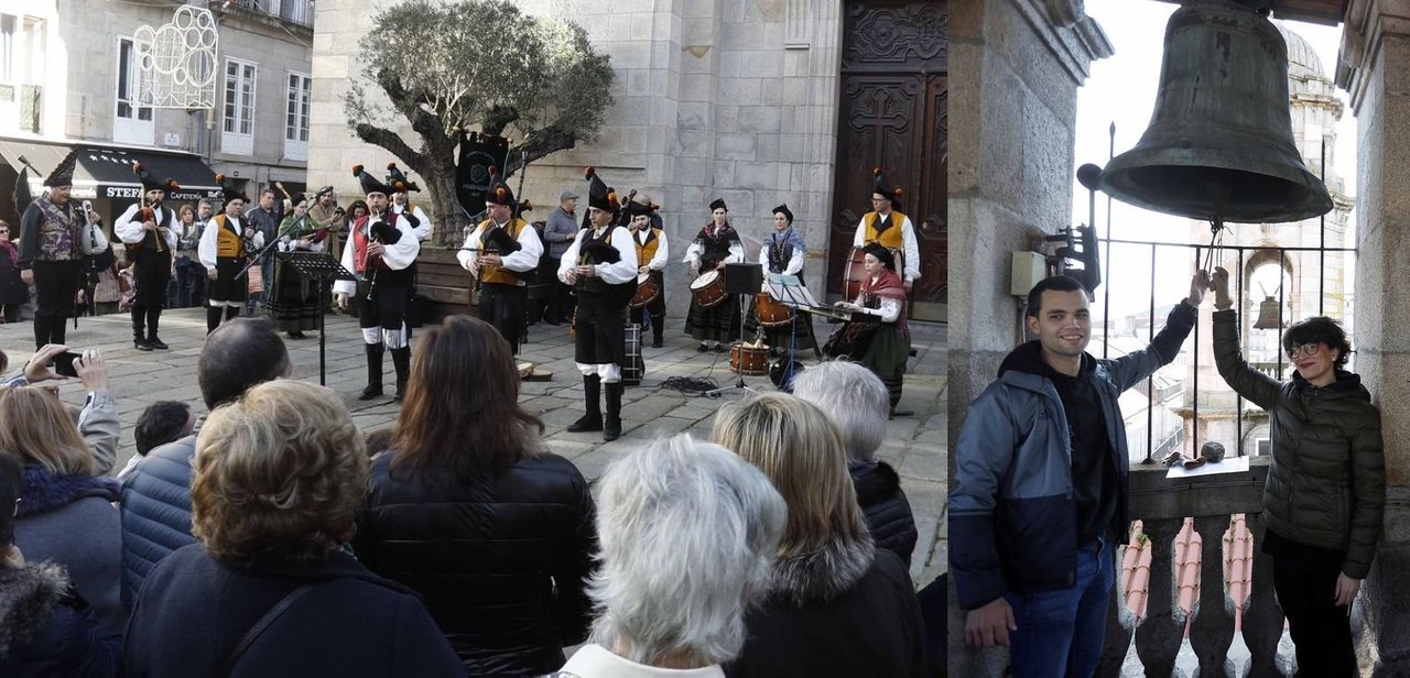 El concierto de la banda de gaitas Xarabal y los campanarios de cuatro iglesias de Vigo pogramado dentro del Nadal Solidario de la Xunta tuvo lugar ayer con la Concatedral como escenario principal (