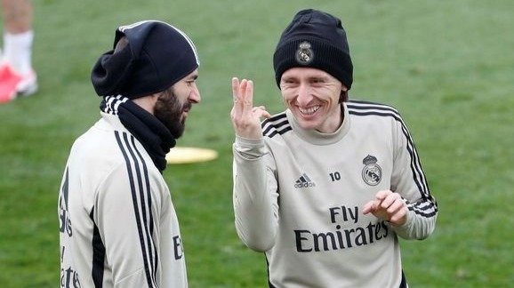 Benzema y Modric, ayer, en el entrenamiento del Real Madrid.