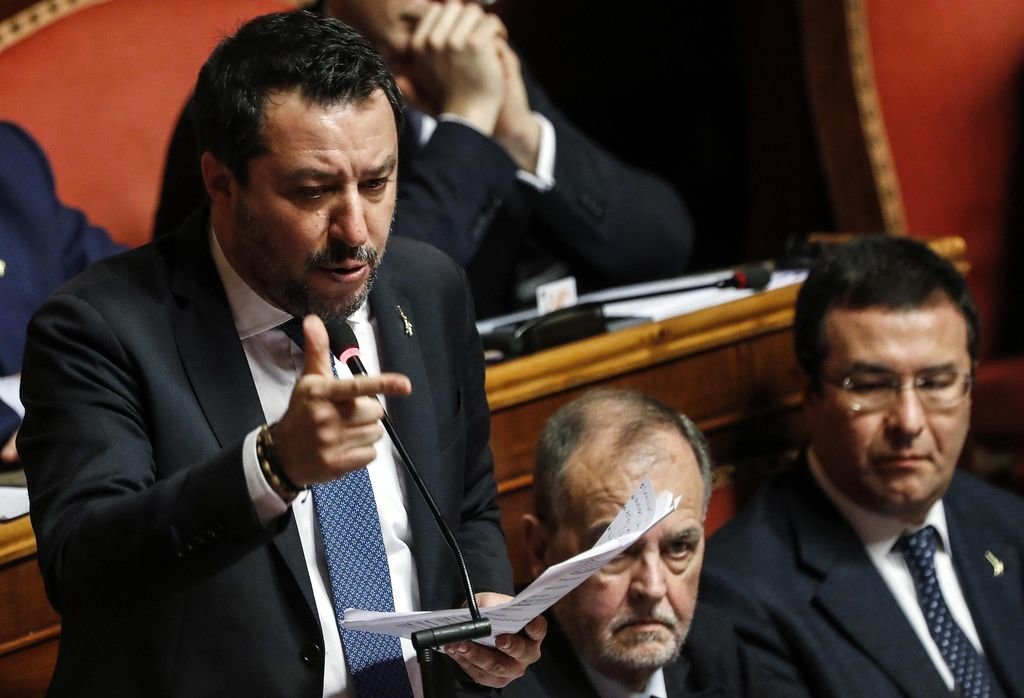 El líder de la Liga, Matteo Salvini, en pleno debate celebrado ayer en el Senado.
