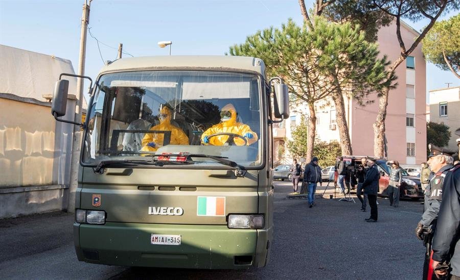 Los turistas italianos del crucero Diamond Princess llegan al cuartel general militar de Cecchignola después de aterrizar, en Roma