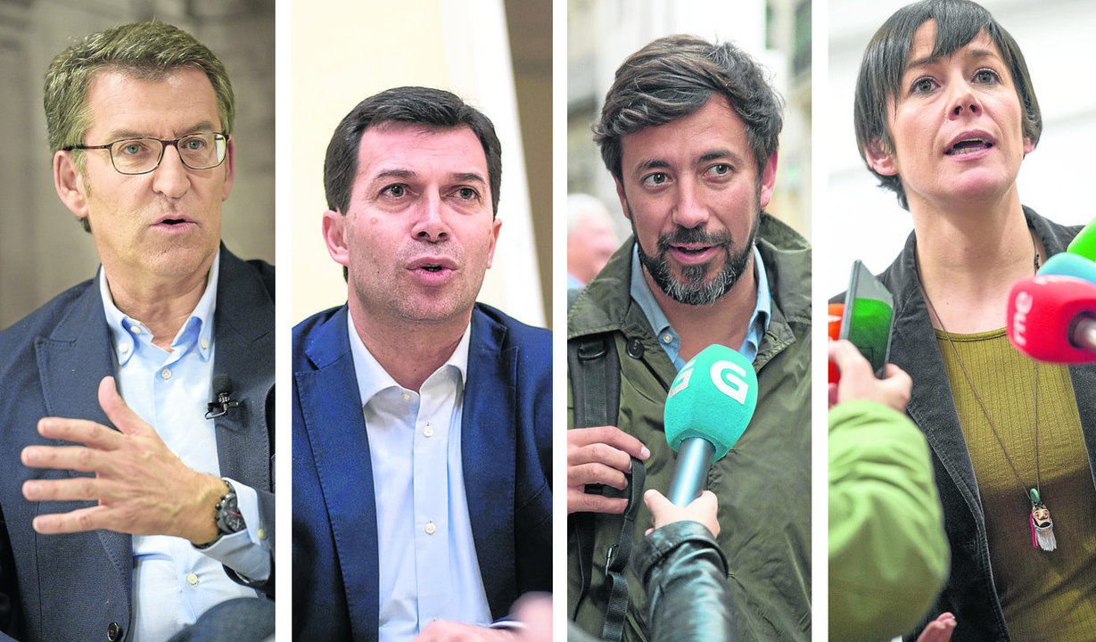 Los candidatos de los cuatro principales partidos: Alberto Núñez Feijóo (PP), Gonzalo Caballero (PSOE), Antón Gómez-Reino (En Marea) y Ana Pontón (BNG).