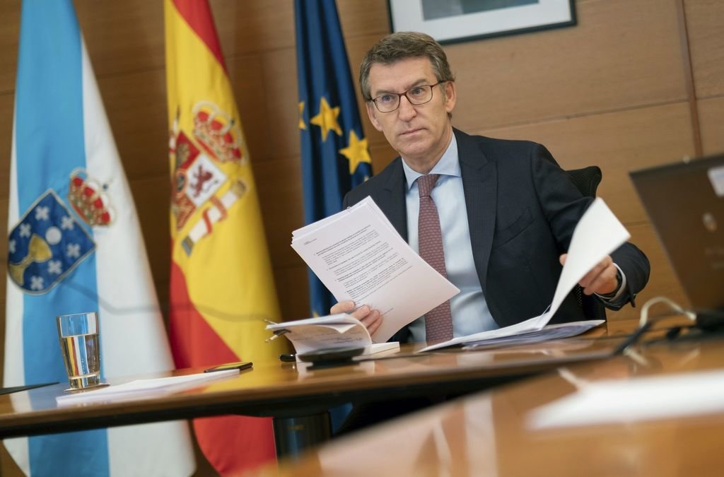 Núñez Feijóo, durante la videoconferencia que ofreció desde Santiago de Compostela.