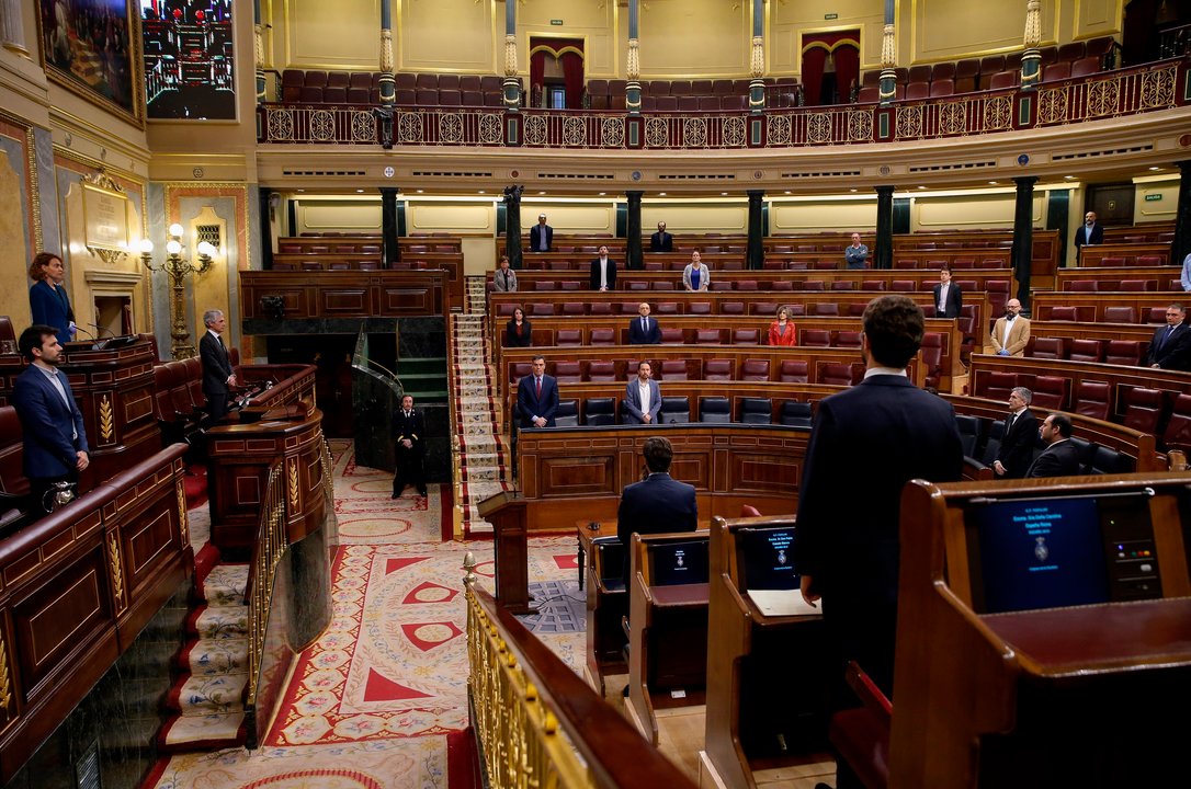 El presidente del Gobierno, Pedro Sánchez (i, abajo); el vicepresidente segundo, Pablo Iglesias (2i, abajo), y el resto de asistentes guardan un minuto de silencio por las víctimas del coronavirus