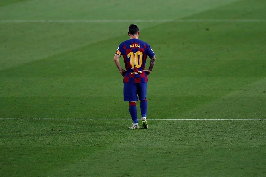 El delantero argentino del FC Barcelona, Leo Messi, tras el segundo gol de Osasuna
