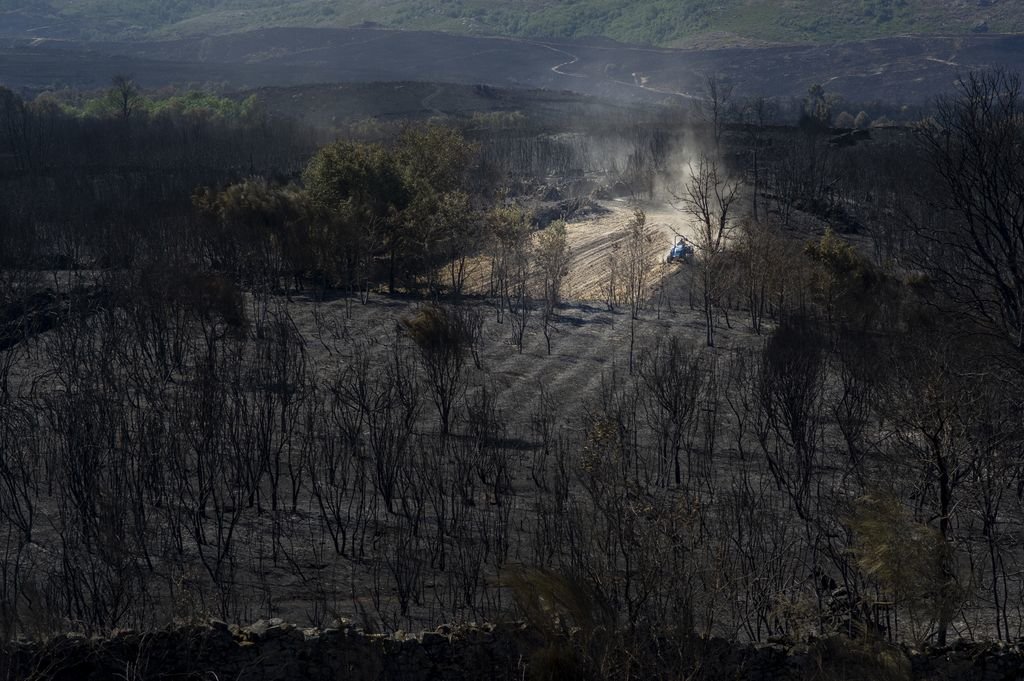 Un vecino prepara la poca tierra útil que queda tras el incendio de los montes en Cualedro.