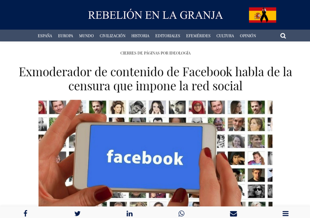 El artículo de Rebelión en la Granja que informaba sobre la censura en Facebook.