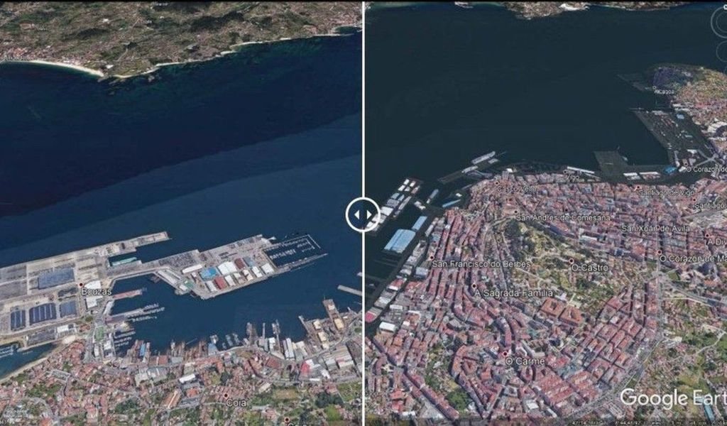 Dos imágenes: a la izquierda hoy y a la derecha, el Vigo sumergido de dentro de 80 años.