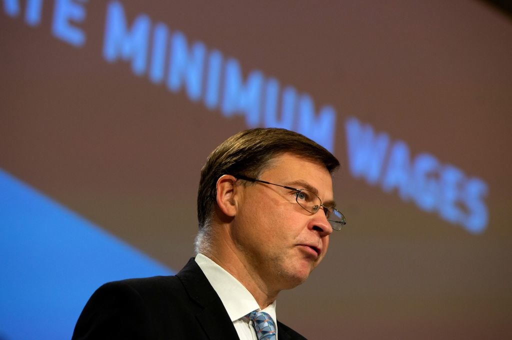 El vicepresidente económico de la Comisión Europea, Valdis Dombrovskis, en la conferencia de Bruselas.