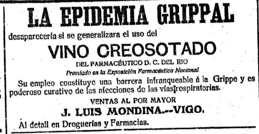 Anuncio de 1918 de un vino contra la epidemia de gripe.