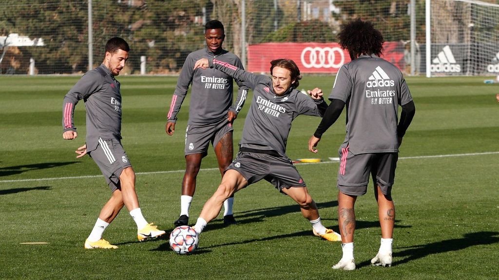 Hazard, Vinicius, Modric y Marcelo, en un entrenamiento.